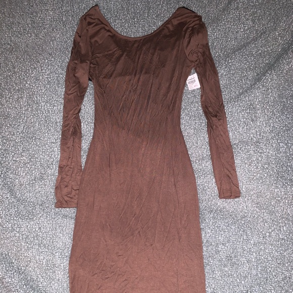 Midi brown dress with faux leather back detail - Picture 1 of 2